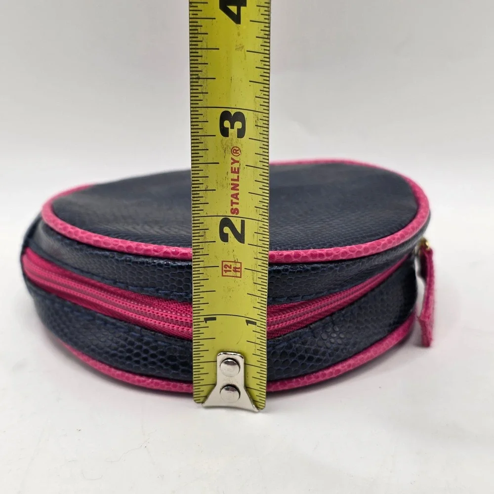 Estee Lauder Cosmetic Pouch Womens Navy Pink Faux Leather Round Travel Makeup‎